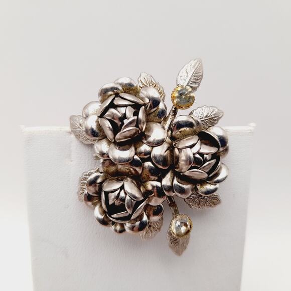 Vintage 1940s 1950s Silver Tone Three Roses Pendant Brooch - Picture 3 of 7